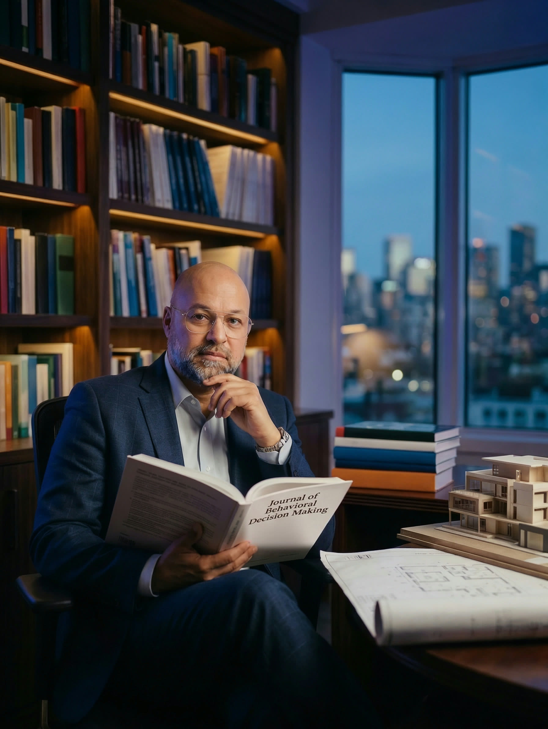 Nordine Mouaouia dans son bureau, un ouvrage de psychologie de la décision à la main
