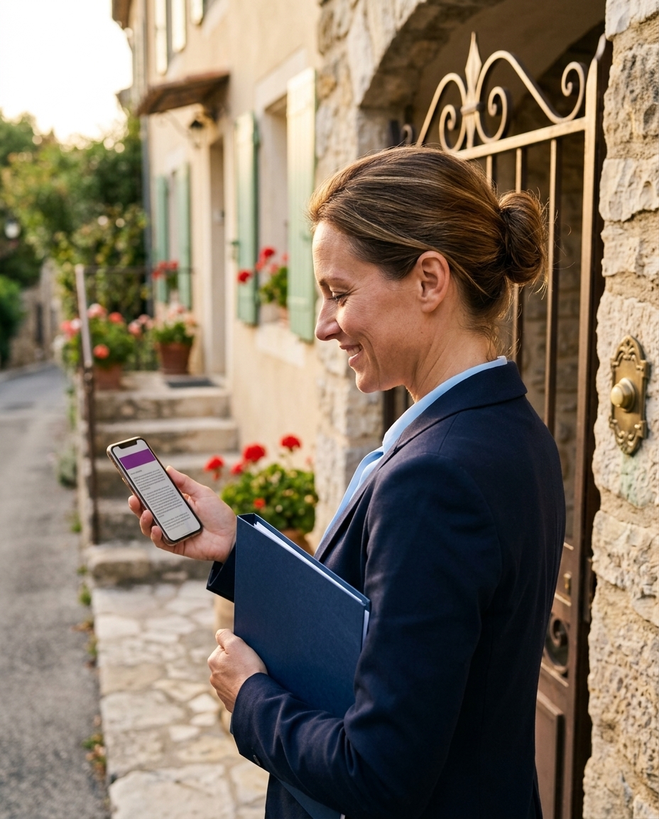 Une agente immobilière lit un guide sur son téléphone devant le portail d'une maison