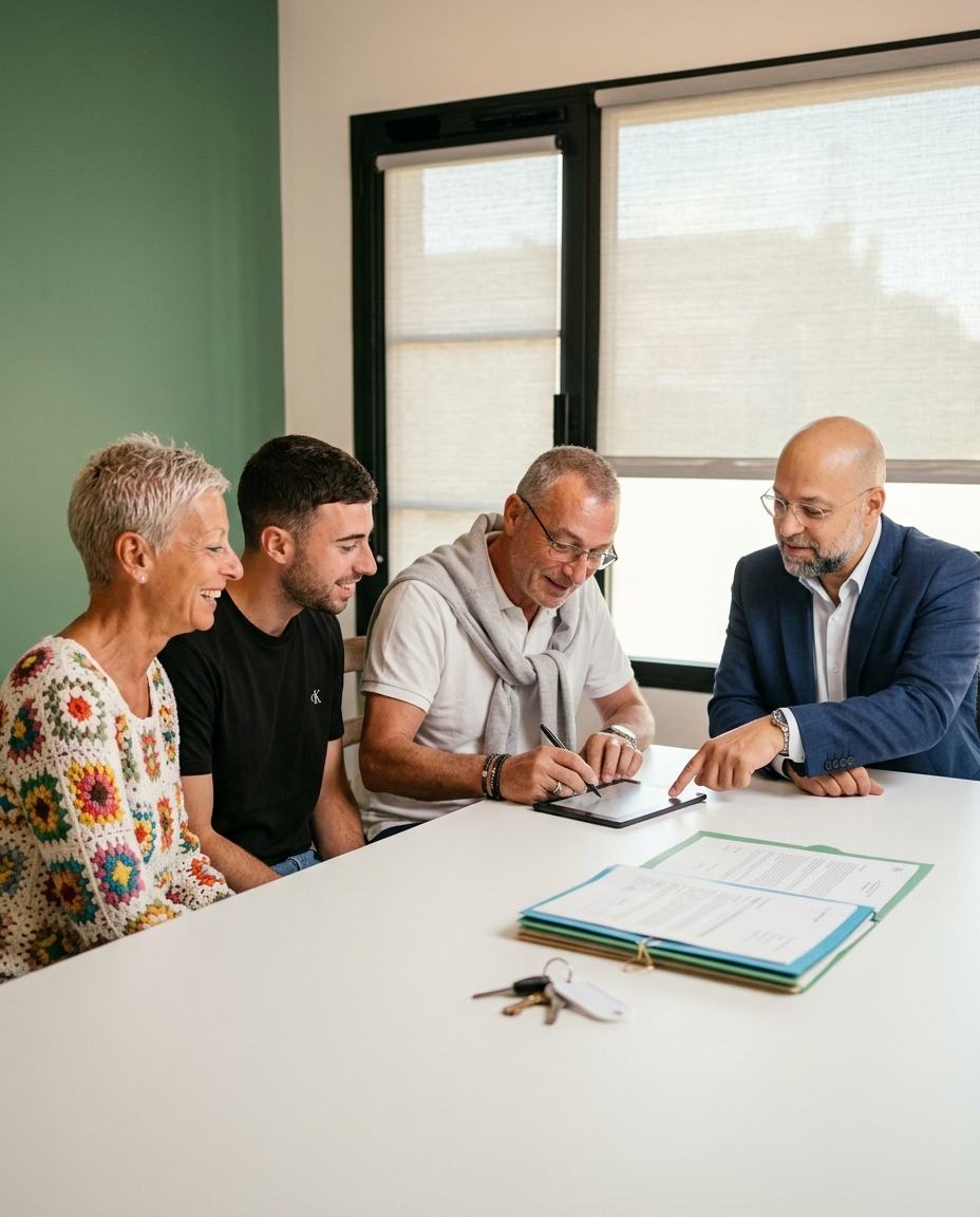 Nordine Mouaouia avec des clients au moment de la signature